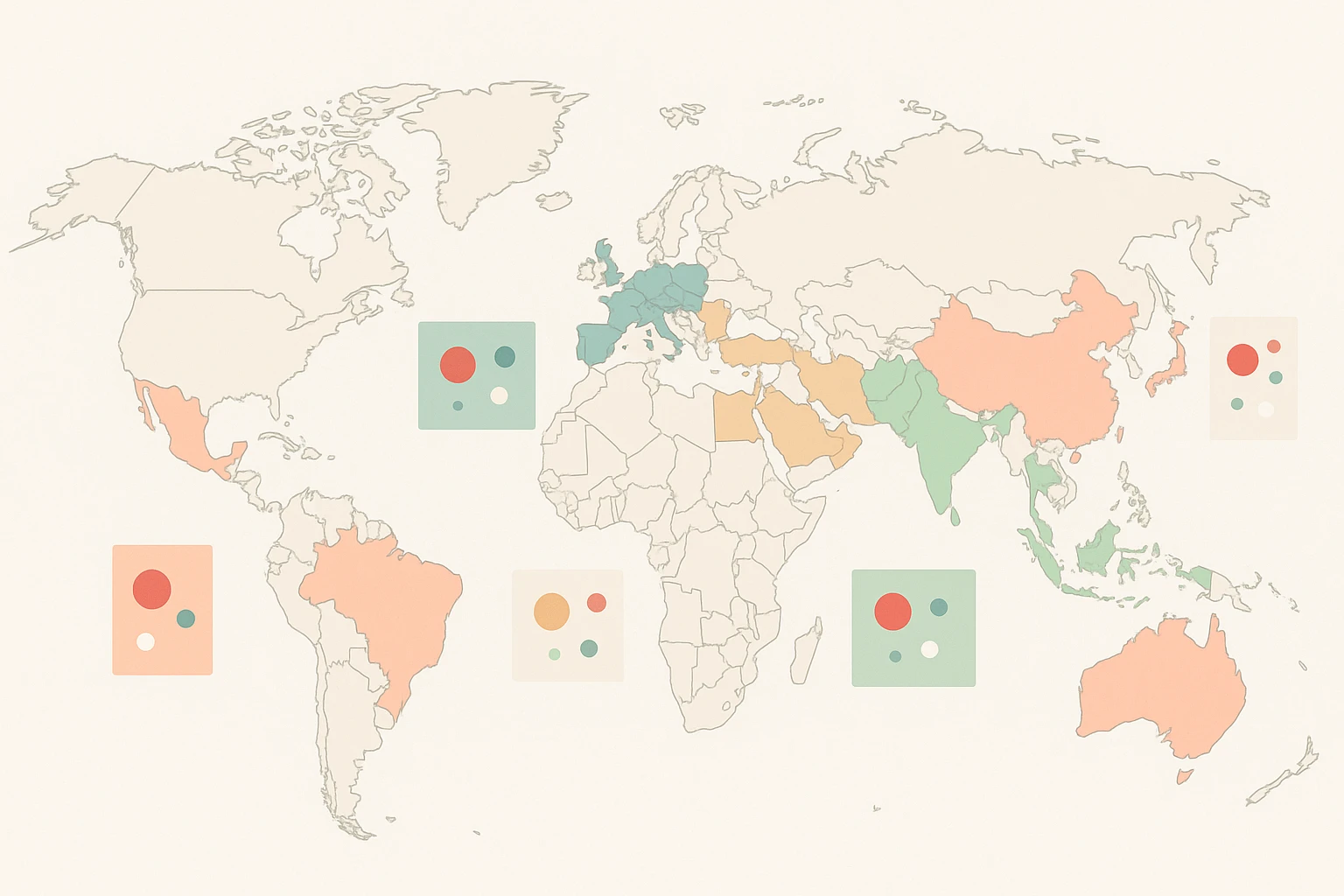 Stylized world map highlighting five major regions with color swatches showing how red, green, and white carry different cultural associations across East Asia, South Asia, the Middle East, South America, and Western Europe