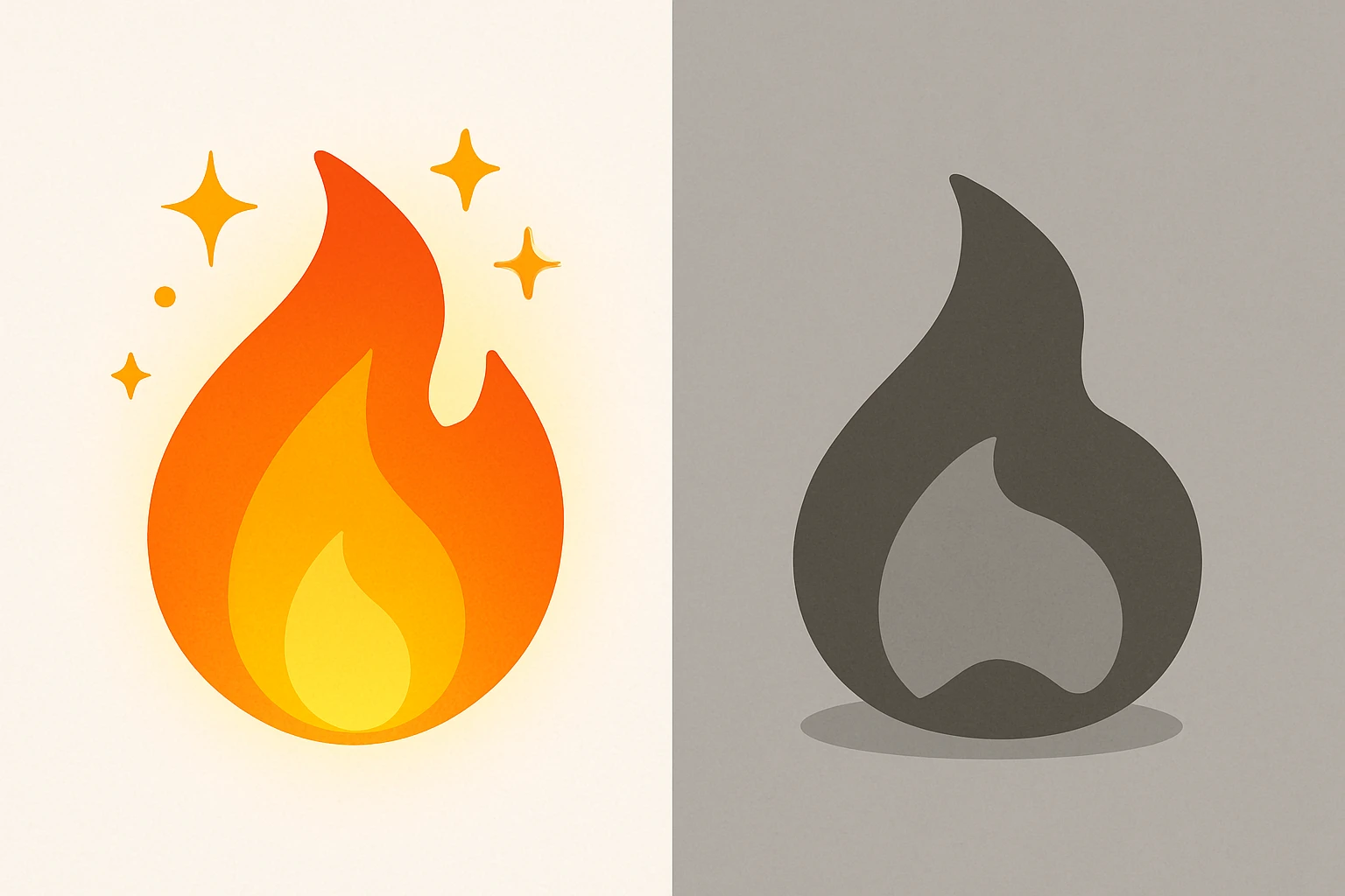 Split illustration comparing a vibrant orange streak flame representing an active streak against a gray desaturated version representing a broken streak, showing how color transition serves as a punishment signal