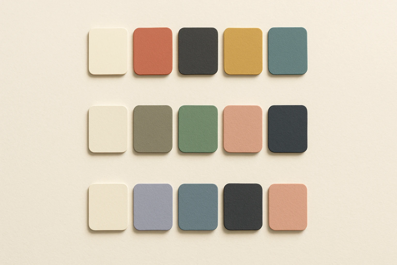 Three trend-forward muted color palettes displayed as horizontal swatch strips: Darkroom Warm with earthy film-inspired tones, Studio Mineral with ceramics-inspired naturals, and Overcast Digital with cool desaturated hues.