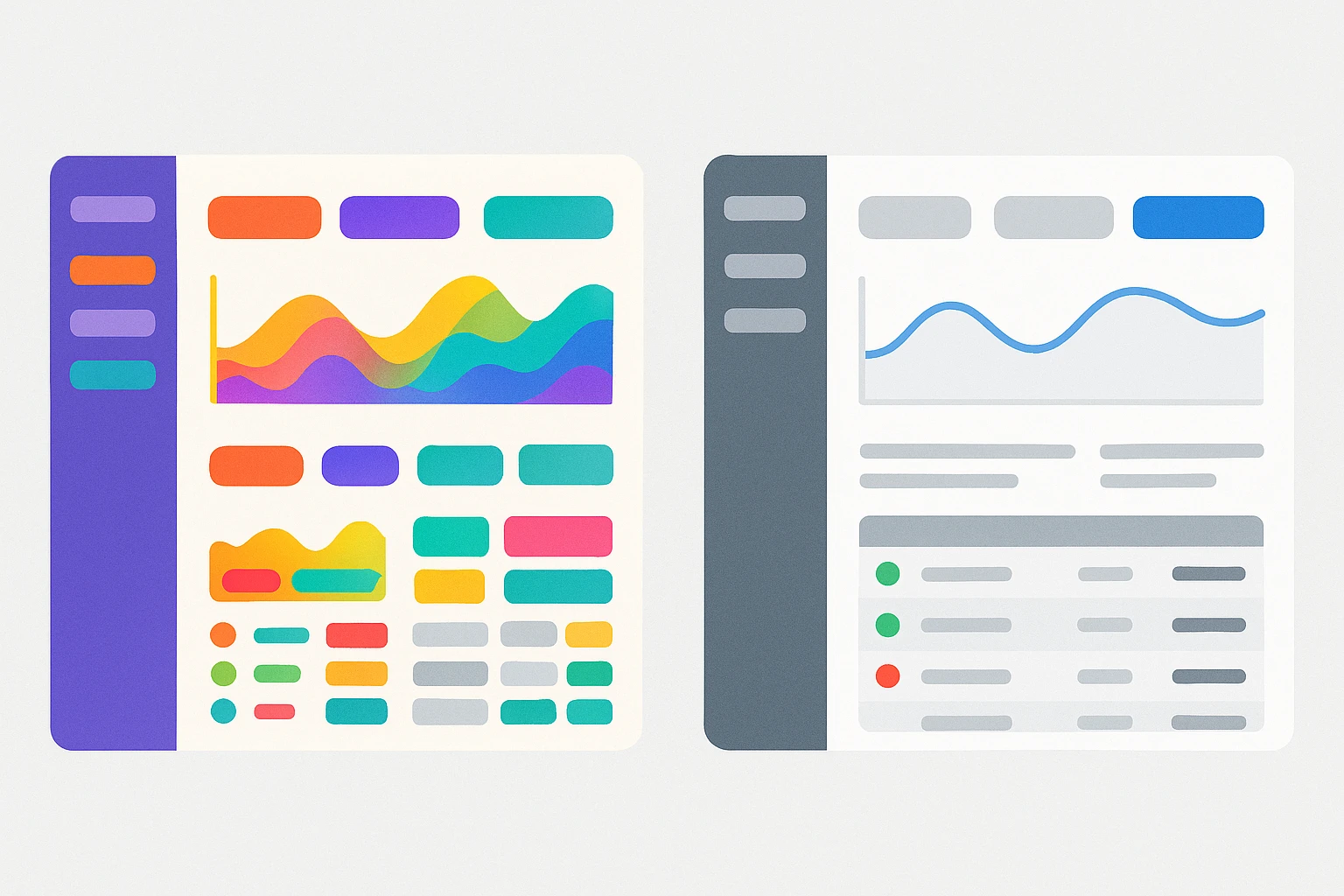 Side-by-side comparison of a color-heavy dashboard with many competing hues versus a restrained Stripe-inspired dashboard where hierarchy emerges through contrast rather than color variety