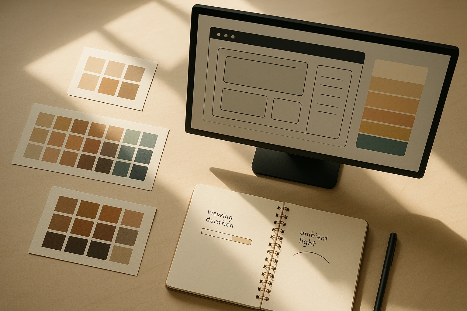 Designer's workspace showing a monitor with a user interface alongside color reference materials and notes about physiological considerations like viewing duration and ambient light