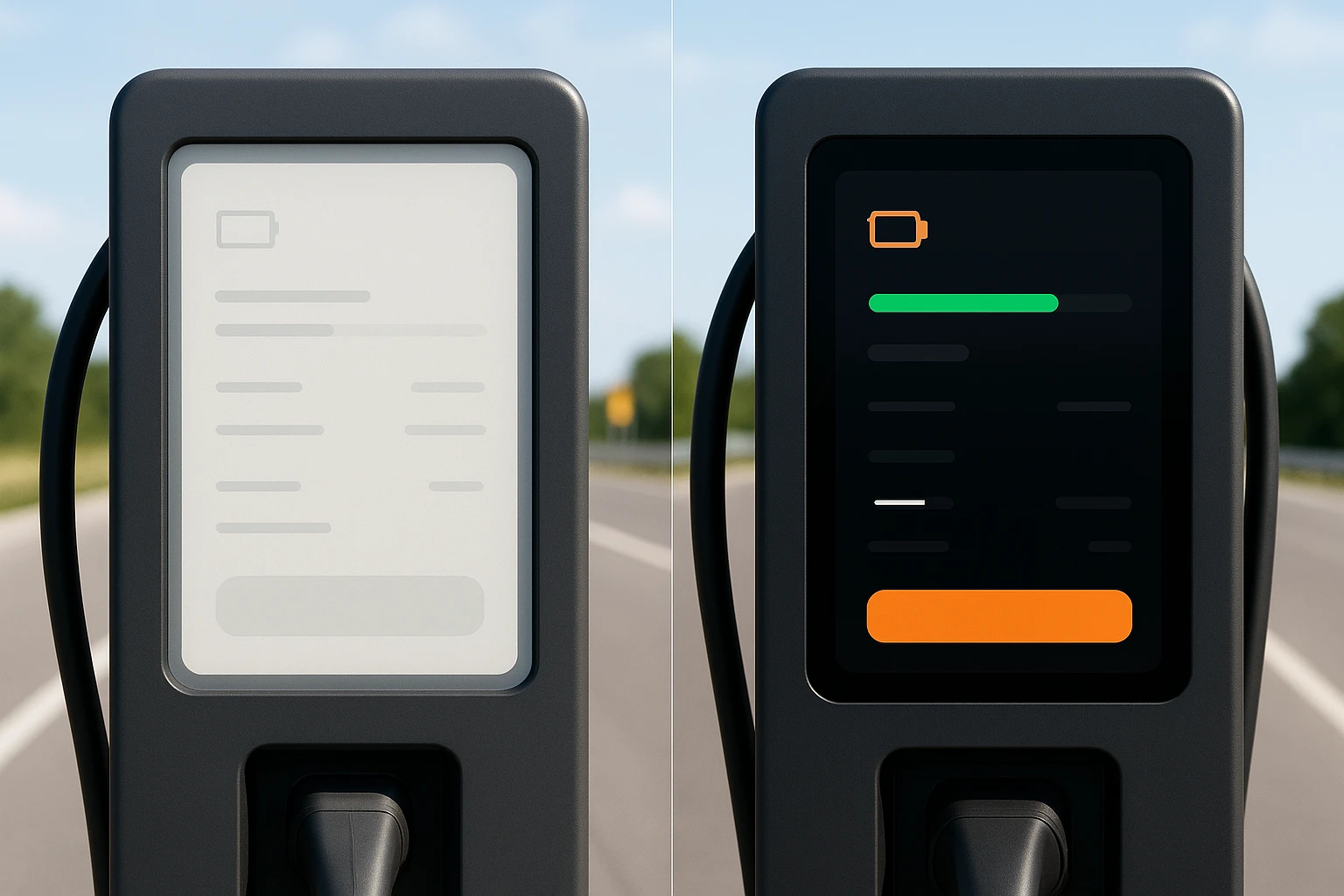 Before-and-after comparison of an EV charging kiosk interface, showing the original light indoor-optimized design versus the sunlight-optimized redesign with dark backgrounds and high-saturation signal colors.
