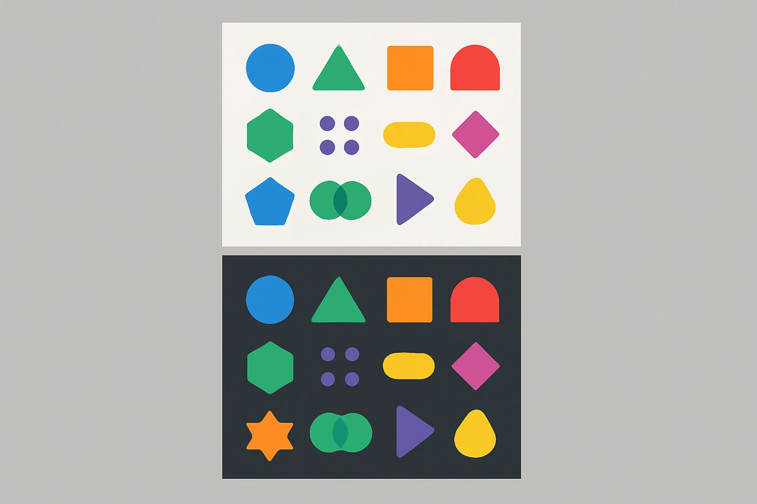 A grid of colorful icons shown on both a white background and a dark charcoal background, illustrating how identical icon colors appear perceptually different when the background color changes, a common manifestation of the Bezold Effect in dark mode design.