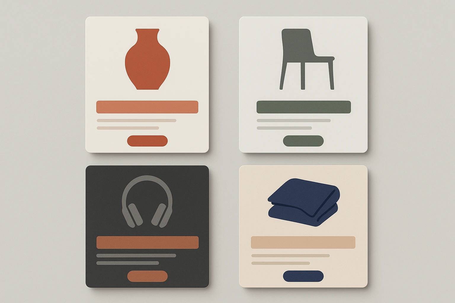Four product card mockups each styled with a different material-inspired color palette showing Artisan Warmth, Nordic Stone, Industrial Luxe, and Coastal Craft themes
