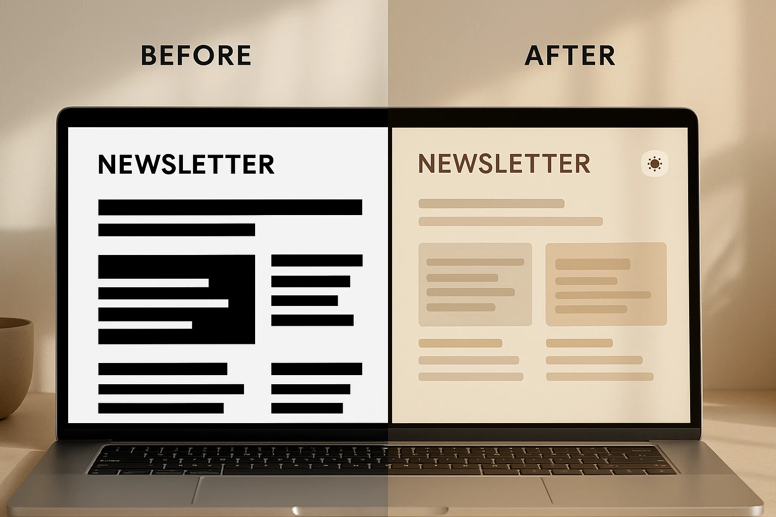 Before-and-after mockup of a newsletter platform redesign showing the shift from harsh contrast to a softer, multi-mode reading palette
