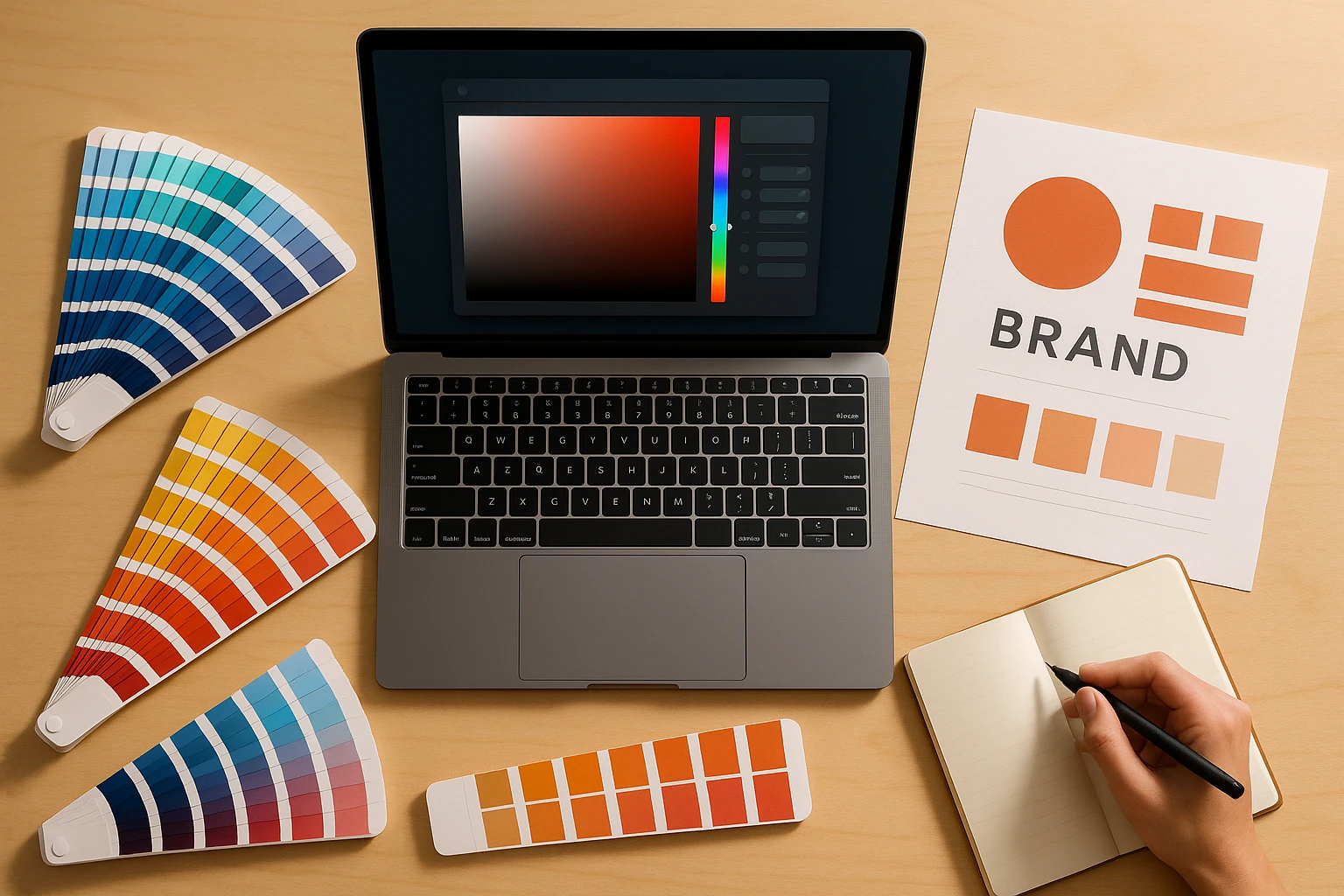 A designer's workspace showing a laptop with a color picker tool alongside physical Pantone swatches and brand guideline documents, representing the due diligence process for selecting brand colors.