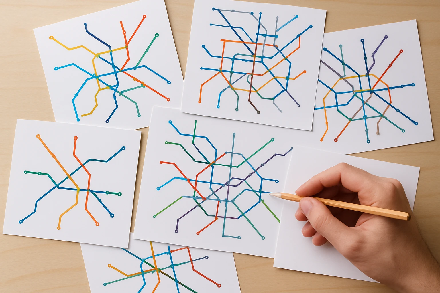 Modern transit maps from multiple world cities spread on a table showing diverse color-coding approaches for rail and subway systems