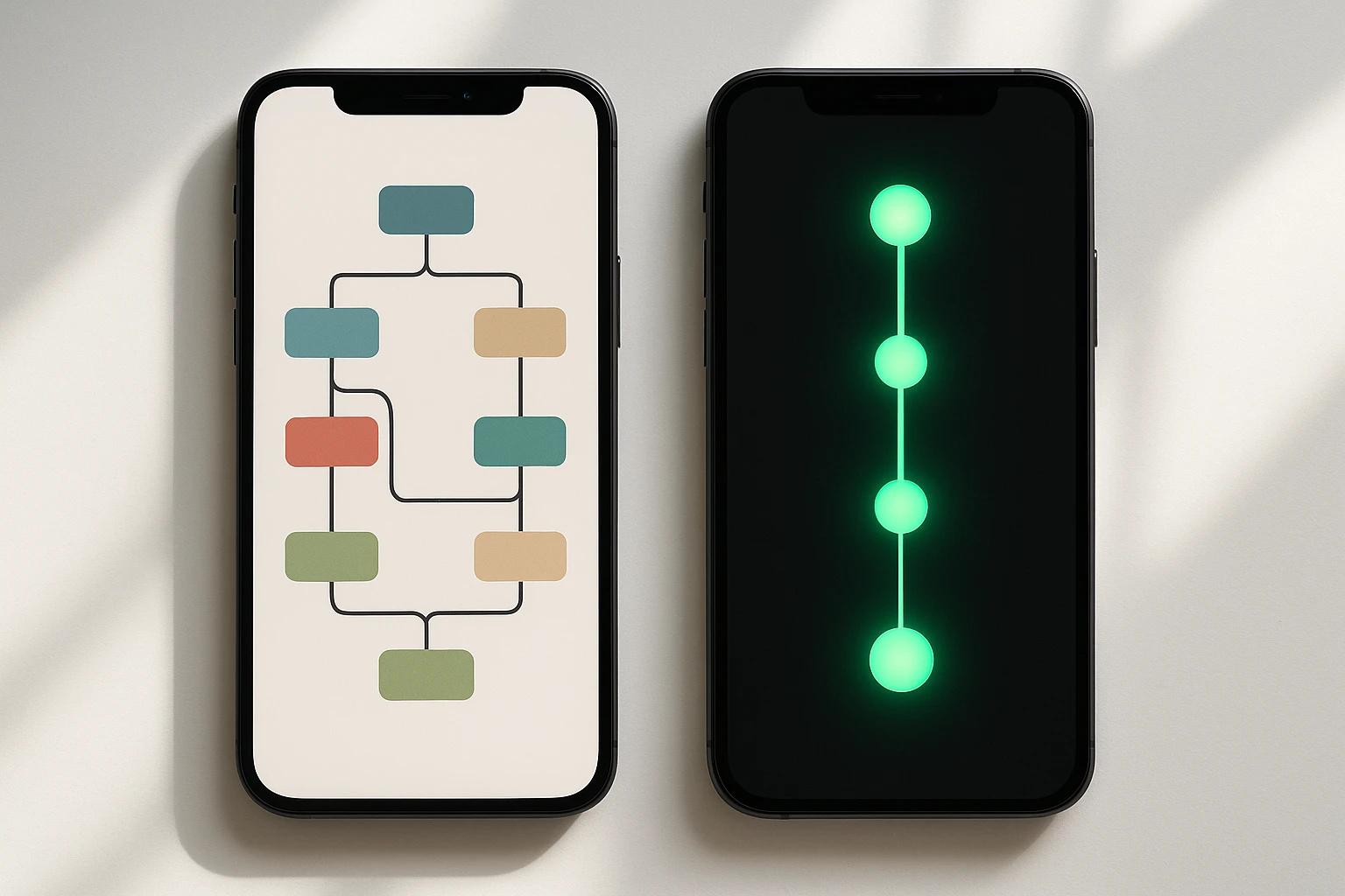 Two smartphones side by side comparing a complex multi-colored branching interface with a simplified linear path dominated by bright green highlights, representing Duolingo's UI evolution.