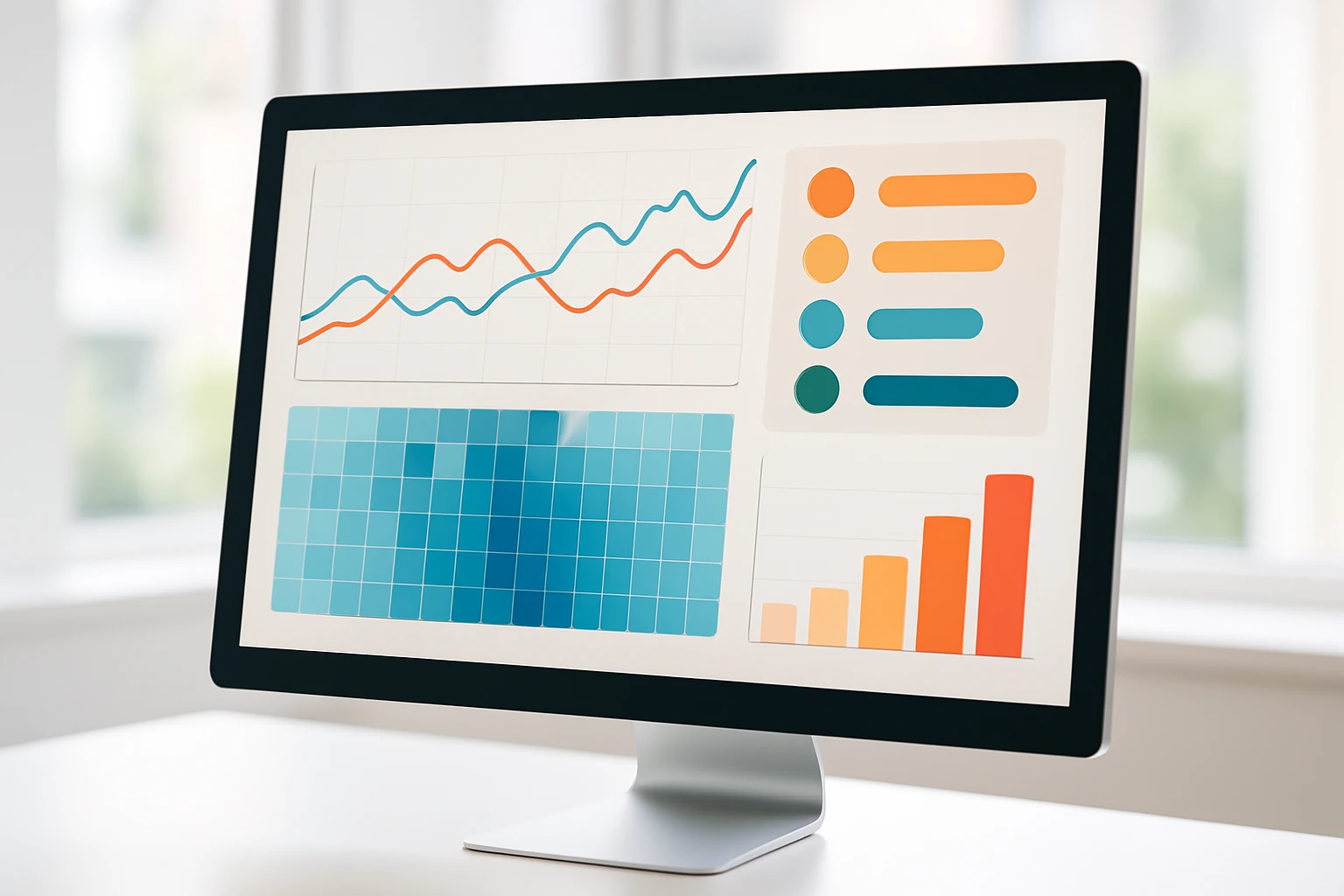 A financial dashboard on a desktop monitor showing how categorical, sequential, and status color palettes work together in a real interface