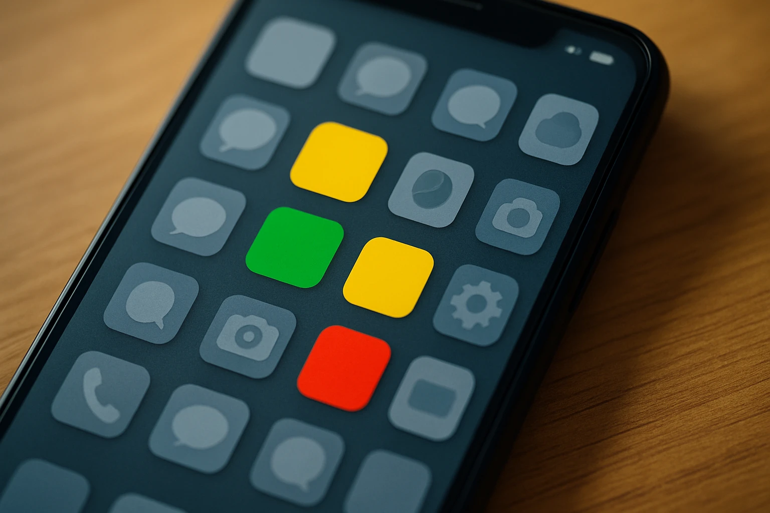 Smartphone home screen showing how apps with distinctive colors like green, yellow, and red stand out immediately while apps with similar muted colors blend together