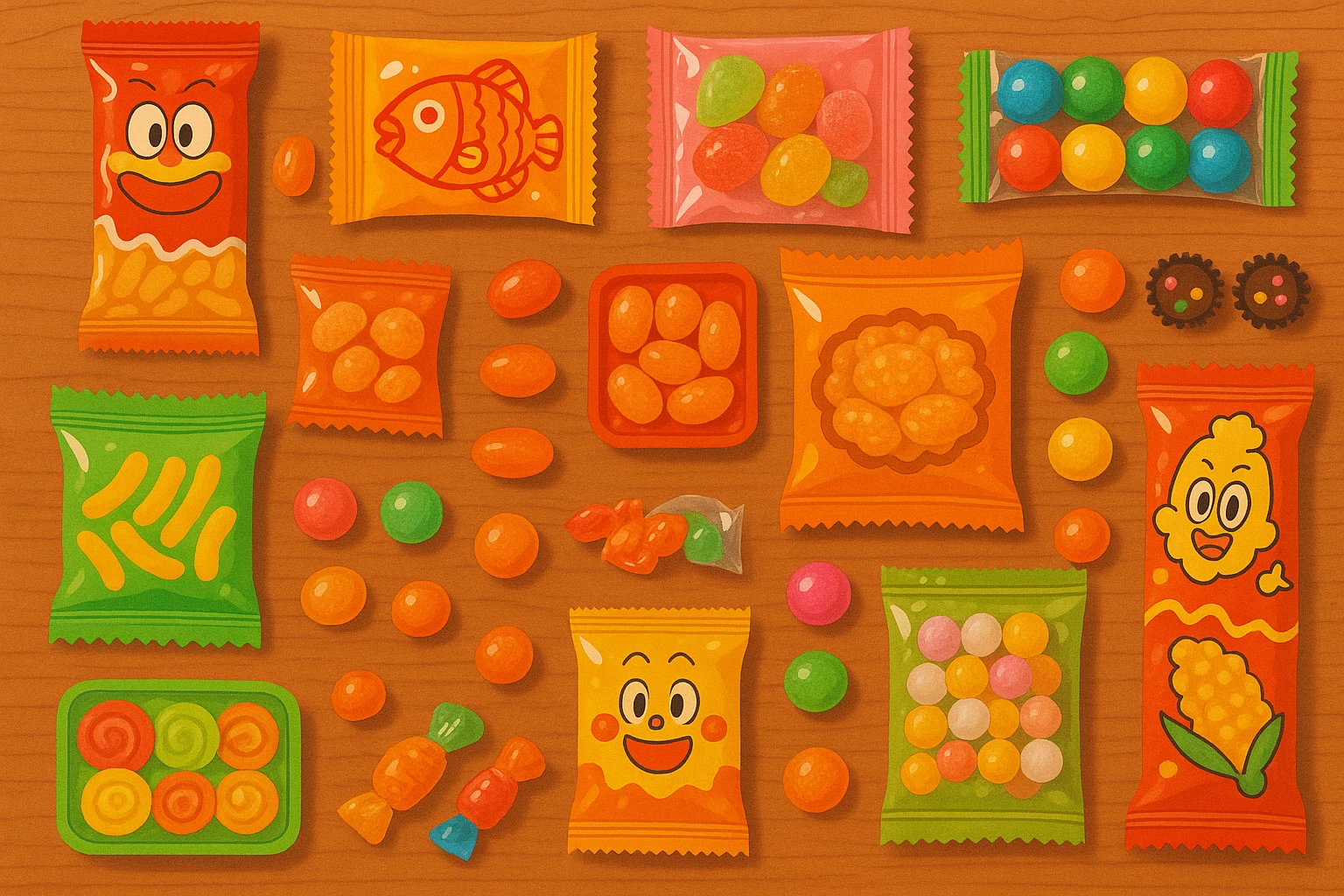 A colorful flat-lay arrangement of Japanese dagashi penny candy and snacks in bright saturated wrappers, spread across a warm wooden surface, showcasing the vibrant visual culture that connects to konbini color palettes.