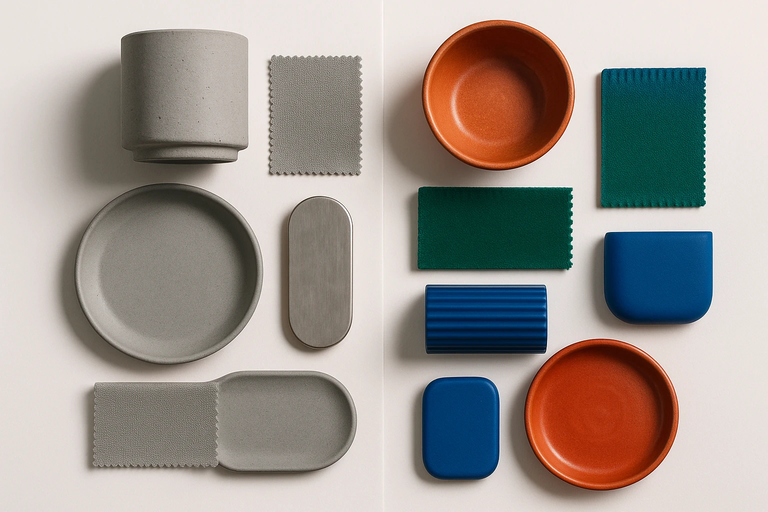An editorial flat-lay comparing matte gray design objects with bold saturated color items in terracotta, emerald, and blue, illustrating the shift from gray dominance to color revival