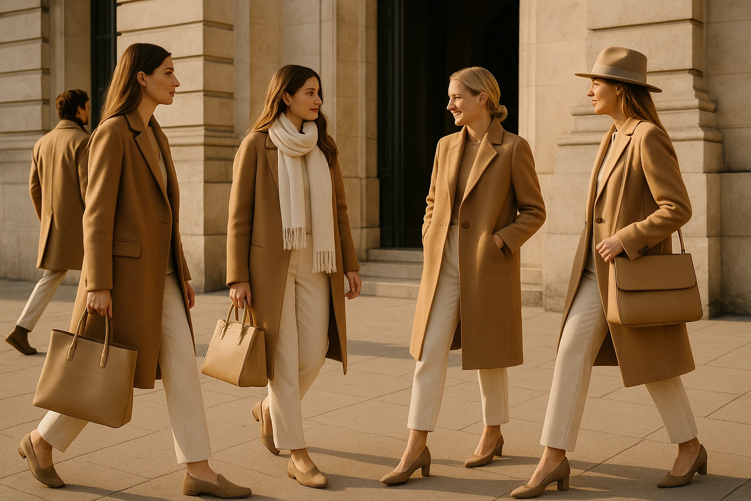Street-style scene of multiple people in quiet-luxury neutral outfits outside a Parisian limestone building, illustrating how the muted palette functions as a social uniform in luxury spaces