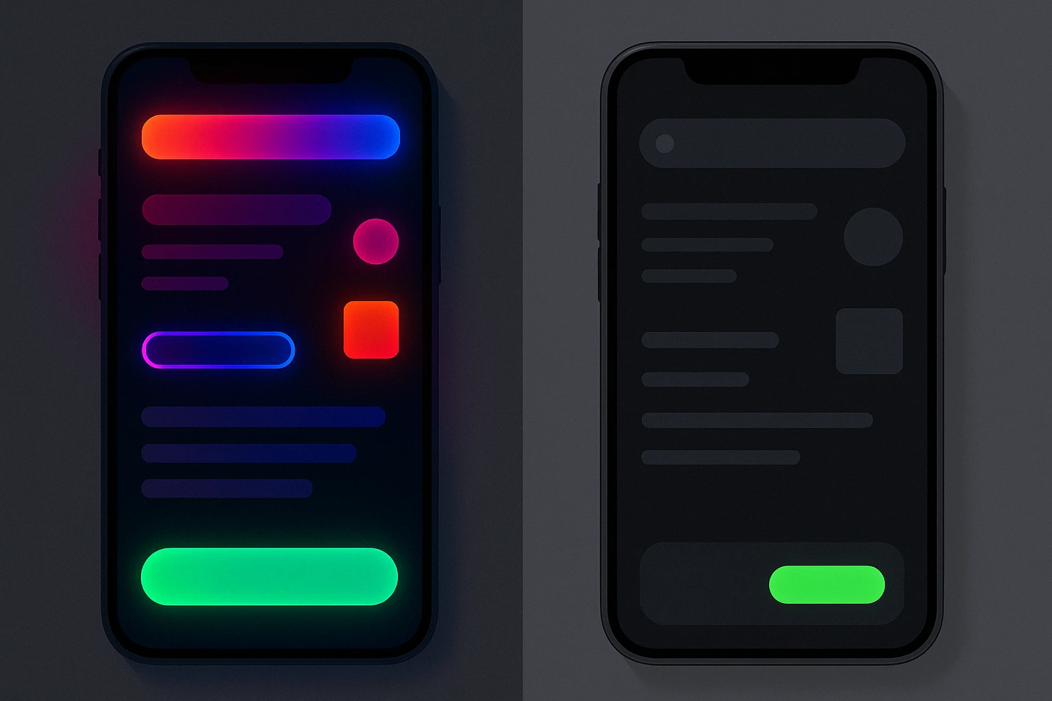 Side-by-side comparison of a maximalist neon UI with multiple glowing colors versus a restrained modern UI with a single precise neon accent, illustrating the evolution from Wave 1 to Wave 2 neon design