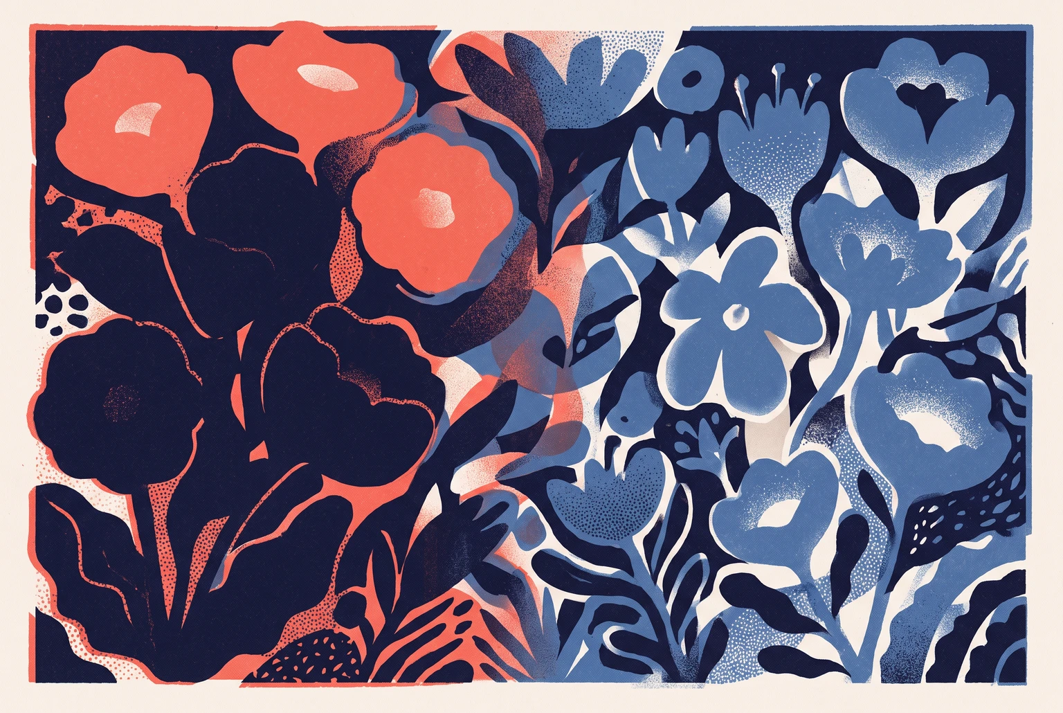 A field of red and blue flowers where the red blossoms fade to near black under dusk light while the blue blossoms glow brighter, illustrating the shift from cone to rod vision
